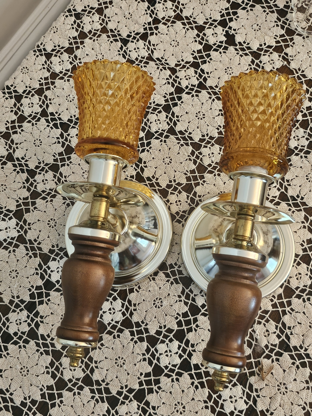 Homco Amber Glass and Wood Wall Sconces - Pair